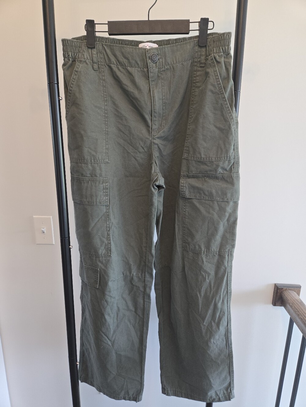 Vanilla Star Olive Green Utility Cargo Pants Women Large Elastic Waist Straight